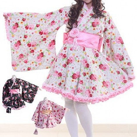 薔薇コサージュつき薔薇柄ロリータ浴衣