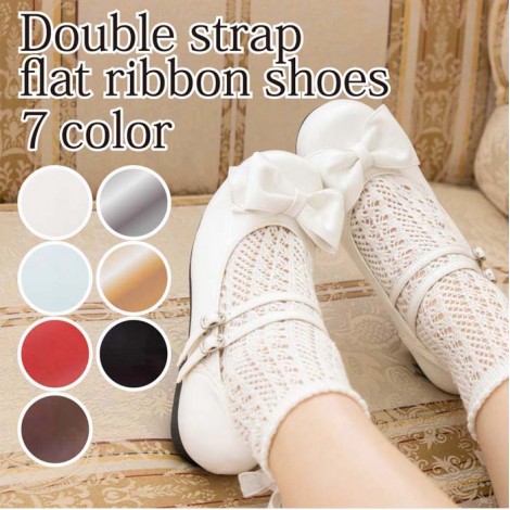 ダブルストラップのぺたんこリボンシューズ