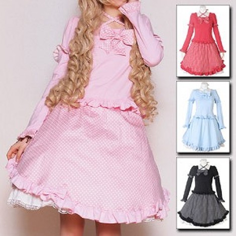 ドット×無地の長袖トップス&スカートセット