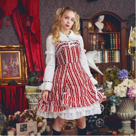 クラシカルフラワーストライプジャンパースカート