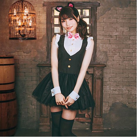 猫耳カチューシャつき白黒ノースリーブミニワンピ