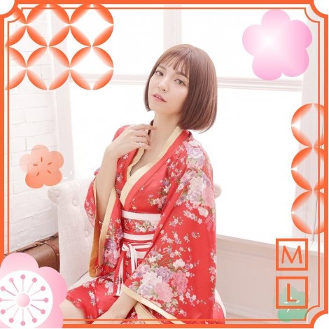 赤花柄ロング丈花魁風着物コスチューム