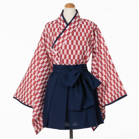 ミニ丈はいからさん風臙脂×紺矢絣柄コスチューム2点セット