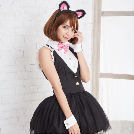 猫耳カチューシャ・しっぽつきシャツドッキングワンピース