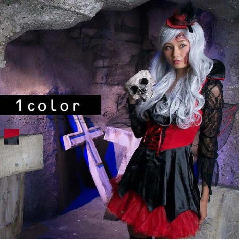 ミニハット&羽つき袖レースコルセットデザインドレス