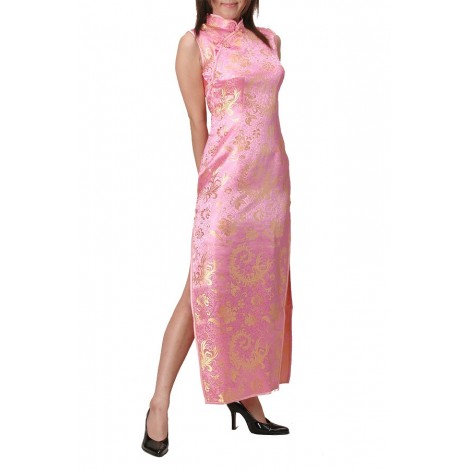 ピンク×ゴールド龍風柄ロング丈チャイナドレス