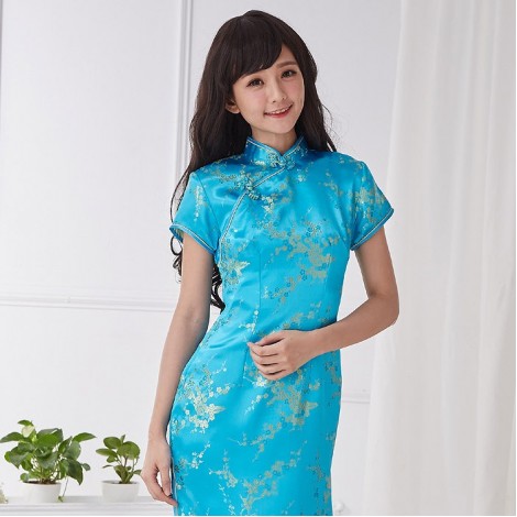 水色 ×ゴールド梅花柄ロング丈チャイナドレス