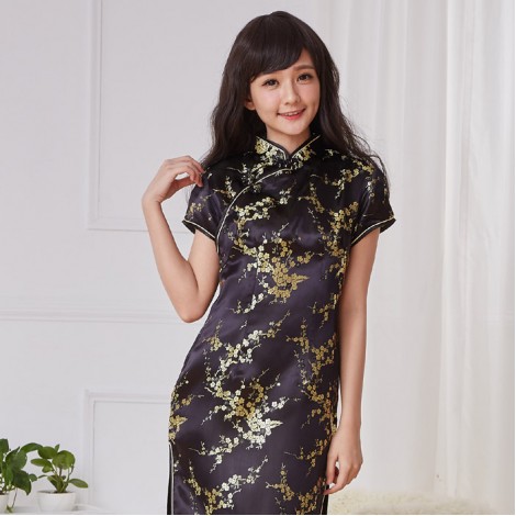 黒×ゴールド梅花柄ロング丈チャイナドレス