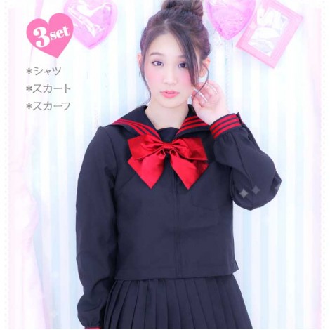 赤ライン入り紺×赤リボンセーラー服