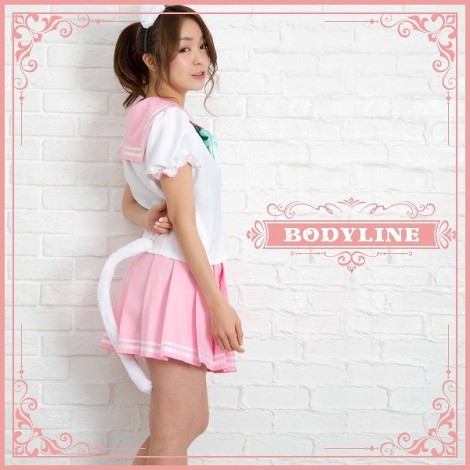 猫耳カチューシャ・しっぽつきパフスリーブセーラー服