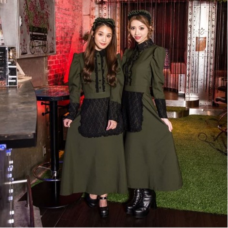 深緑×黒レースロング丈洋館メイド