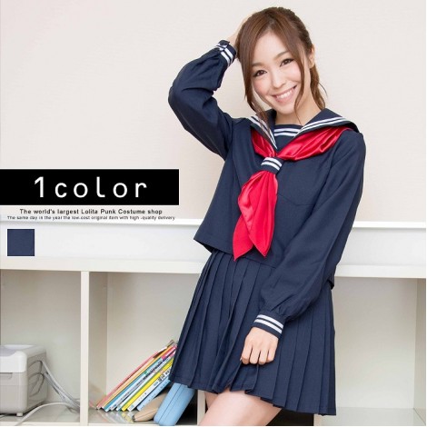 2本ラインの紺×赤スカーフセーラー服